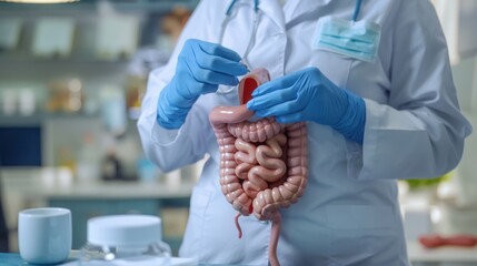 Gastroenterologist with an anatomical model of large intestine consulting patient at a table in a clinic,