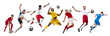 Collage. Dynamic image of male athletes, football players in motion with ball isolated on transparent background. Concept of professional sport, competition, tournament, active lifestyle