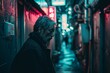Portrait of an old man walking in the city at night.