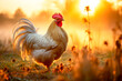 A beautiful big white rooster close-up stands in the grass, rural landscape, portrait, morning, dawn, copy space