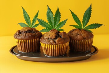 Freshly baked CBD cannabis muffins on a baking dish on yellow background