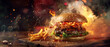 Juicy burger with crispy fries on flaming grill backdrop