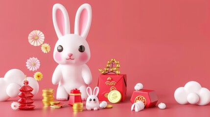 Wall Mural - An isolated set of 3d Chinese new year bunnies on a pink background. Includes a gold ingot, coins, Japanese pine cones, red envelopes, clouds, coins, a rabbit with coins, and a rabbit with red