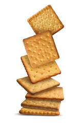 Wall Mural - Tasty dry crackers falling on white background