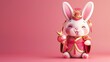 A cute bunny wearing Chinese traditional clothing and holding a doufang is isolated on a pastel pink gradient background.