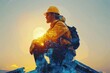 A worker with a yellow hard hat stands on a cliff, gazing at the sunset merging with digital lines