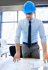 Poster - Project, engineer and planning with tablet, design and vision for growth and development. Male person, professional and employee in construction, management and career in office, workplace or job