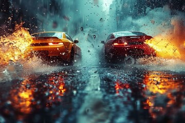 Two powerful sports cars speed through a rain-soaked street, leaving a trail of water splashes in a dramatic nighttime setting