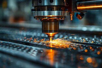 Poster - Close-up of a CNC machine at work, cutting metal with precision, sparks flying around Emphasizing modern manufacturing and engineering