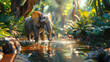 Asian Elephant Bathing Playfully in a Sunlit Waterhole Amidst Lush Greenery.