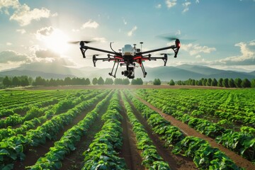 A drone is hovering above a vegetable field in the sky
