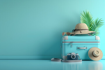 Blue suitcase with sun glasses, hat and camera on pastel blue background. travel concept minimal. 3d rendering, copy space