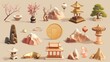 A 3D oriental style element set isolated on a beige background. Includes Chinese screens, golden discs, willow branches, and different kinds of mountains.