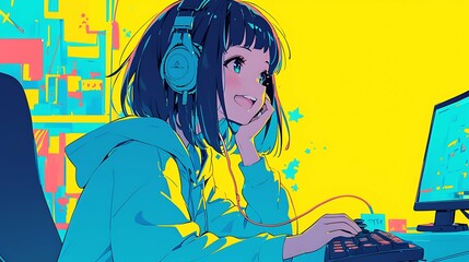 Wall Mural - パソコンでゲームをする女の子　AI