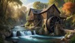 An enchanting old watermill, complete with a turning wheel, nestled in a serene forest by a flowing river, radiating peacefulness in the soft morning light.. AI Generation