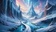 A breathtaking icy landscape featuring crystal spires and a snaking frozen river against a backdrop of distant mountains under a soft glow.. AI Generation