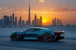 The Dubai skyline ablaze with the colors of sunset creates a stunning backdrop for a luxury, high-performance supercar parked on a deserted desert road