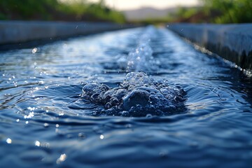 Poster - A close-up of water bubbles dynamically forming at the edge of a fountain with a background of soft distant foliage