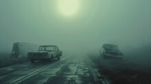 Abandoned Vehicles On A Foggy Road Leading To A Ghost City, Enveloped In A Toxic Mist