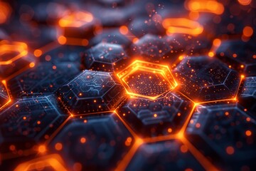 Poster - A striking image of luminous hexagon shapes with intricate circuit patterns against a deep blue background