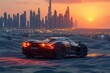 A sleek, futuristic supercar rests on a deserted road at sunset, with the Dubai skyline shimmering in the golden light.