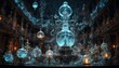 A mystical, baroque library with levitating crystal orbs emits an otherworldly blue glow, invoking wonder.
