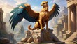 An imposing griffin statue perches regally on a pedestal, its eagle wings unfurled, against an ancient temple backdrop, evoking myth and legend.. AI Generation