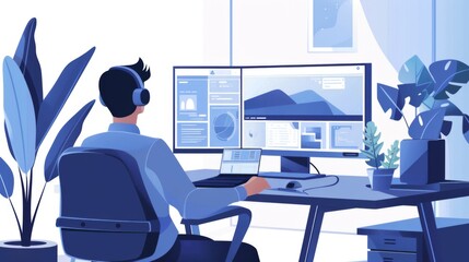 Poster - Man Working at Computer Desk