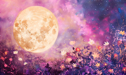 Wall Mural - abstract moon and flowers and galaxy background,generative ai