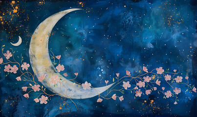 Wall Mural - abstract moon and flowers and galaxy background,generative ai