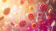 Candy lollipops flying chaotically in the air, bright saturated background, spotty colors, professional food photo
