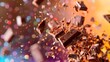 Chocolate pieces flying chaotically in the air, bright saturated background, spotty colors, professional food photo