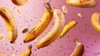Fresh bananas flying chaotically in the air, bright saturated background, spotty colors, professional food photo