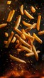 French fries flying chaotically in the air, bright saturated background, spotty colors, professional food photo