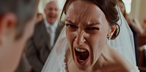 Bride in a wedding dress showing anger and frustration, with guests in the background.