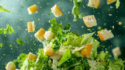 Ingredients for caesar salad flying in the air, bright saturated background, spotty colors, professional food photo