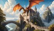 A fierce dragon soars above an enchanting castle nestled on a high cliff, bridging realms of fantasy with its fiery wings against a serene sky.. AI Generation