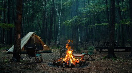 beautiful bonfire with burning firewood near chairs and camping tent in forest. campfire by a chairs