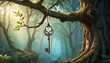 A vintage key suspended from a gnarled tree branch in a sunlit, magical forest, invoking themes of mystery and adventure.. AI Generation