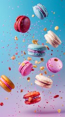 Macaroons flying chaotically in the air, bright saturated background, spotty colors, professional food photo