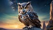A sharp-eyed owl perches atop a stone in a twilight setting, with a galaxy backdrop, its feathers detailed with the warm hues of the fading sunlight on the horizon.. AI Generation