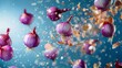 Onions flying chaotically in the air, bright saturated background, spotty colors, professional food photo