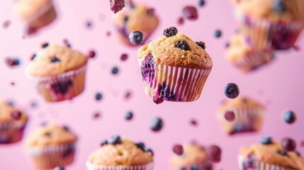 Muffins flying chaotically in the air, bright saturated background, spotty colors, professional food photo 