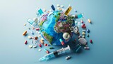 Fototapeta Londyn - Global Health: A 3D vector illustration of a globe with medical symbols