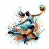 Fototapeta  - Abstract silhouette of a volleyball player woman in watercolor