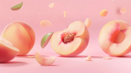 Poster - Mockup of a geometric papercut style white peach. Illustration of the white fruit whole, halfed, and sliced on a pastel background.