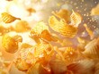 Riffled chips flying chaotically in the air, bright saturated background, spotty colors, professional food photo