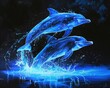 A pair of dolphins leaping from neon-blue water