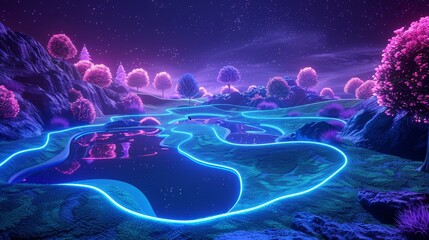 Wall Mural - Glowing neon golf: A 3D vector illustration of a neon blue and purple