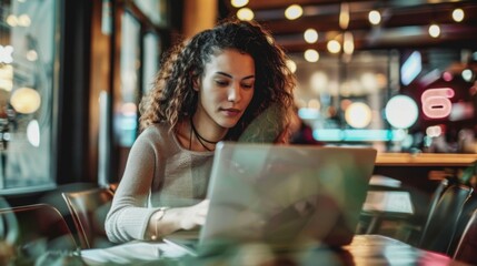 Canvas Print - Woman Sitting at Table Using Laptop Computer